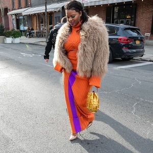Hanifa Orange Ribbed Skirt Set